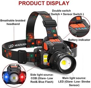 CITICITY ไฟหน้า LED แบบปรับได้ 7 โหมดเซ็นเซอร์เปิดใช้งานไฟด้านข้าง COB สีแดงสีน้ำเงินกระพริบ Li-Ion ชาร์จได้ฉุกเฉิน - Product Image 4