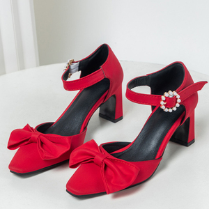 Sandalias de tacón alto y grueso para mujer con lazo frontal, zapatos de novia para boda, con aberturas laterales, perlas y hebillas. - Product Image 6