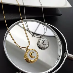 Chaîne en os de serpent en acier inoxydable, pendentif rond en or 18K pour femmes