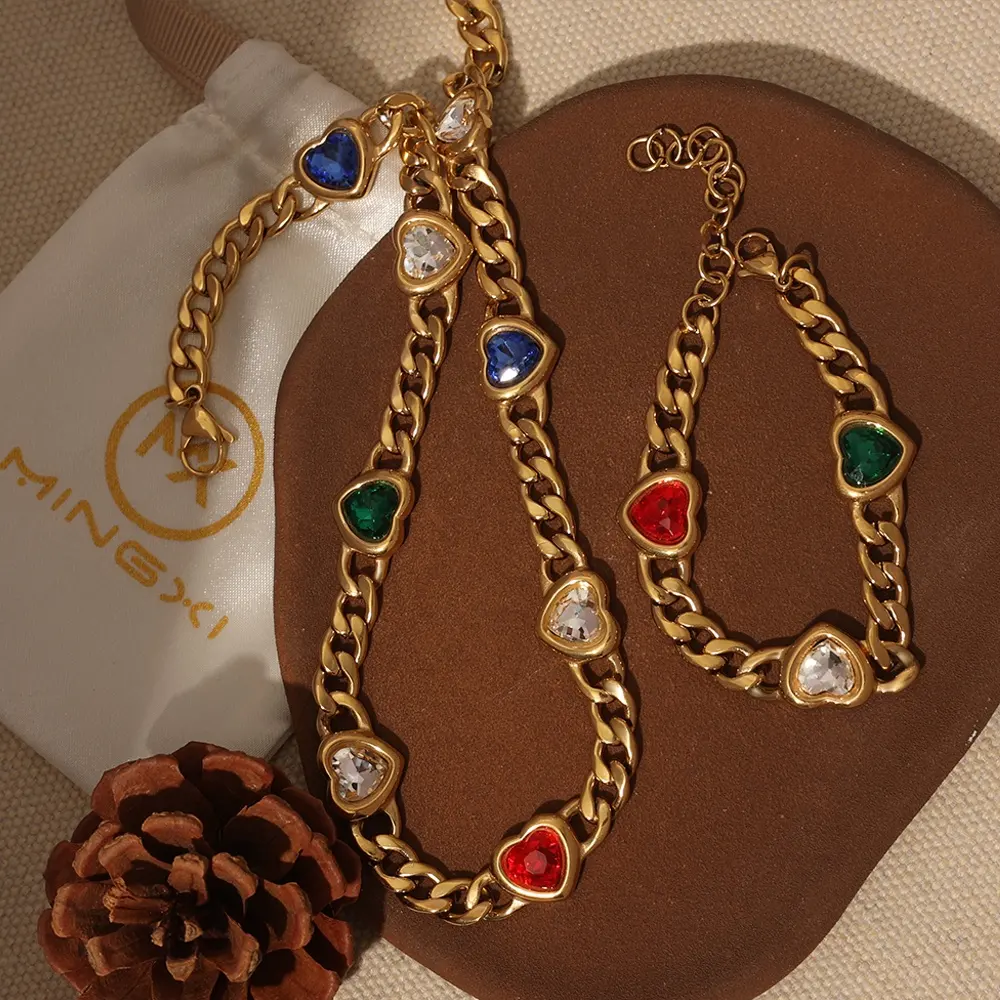 Chunky Luxury Gemstone Heart Earrings Bracelet Stainless Steel Gold Shiny Zircon Diamond Necklace Fashion Jewelry Jewelry Sets