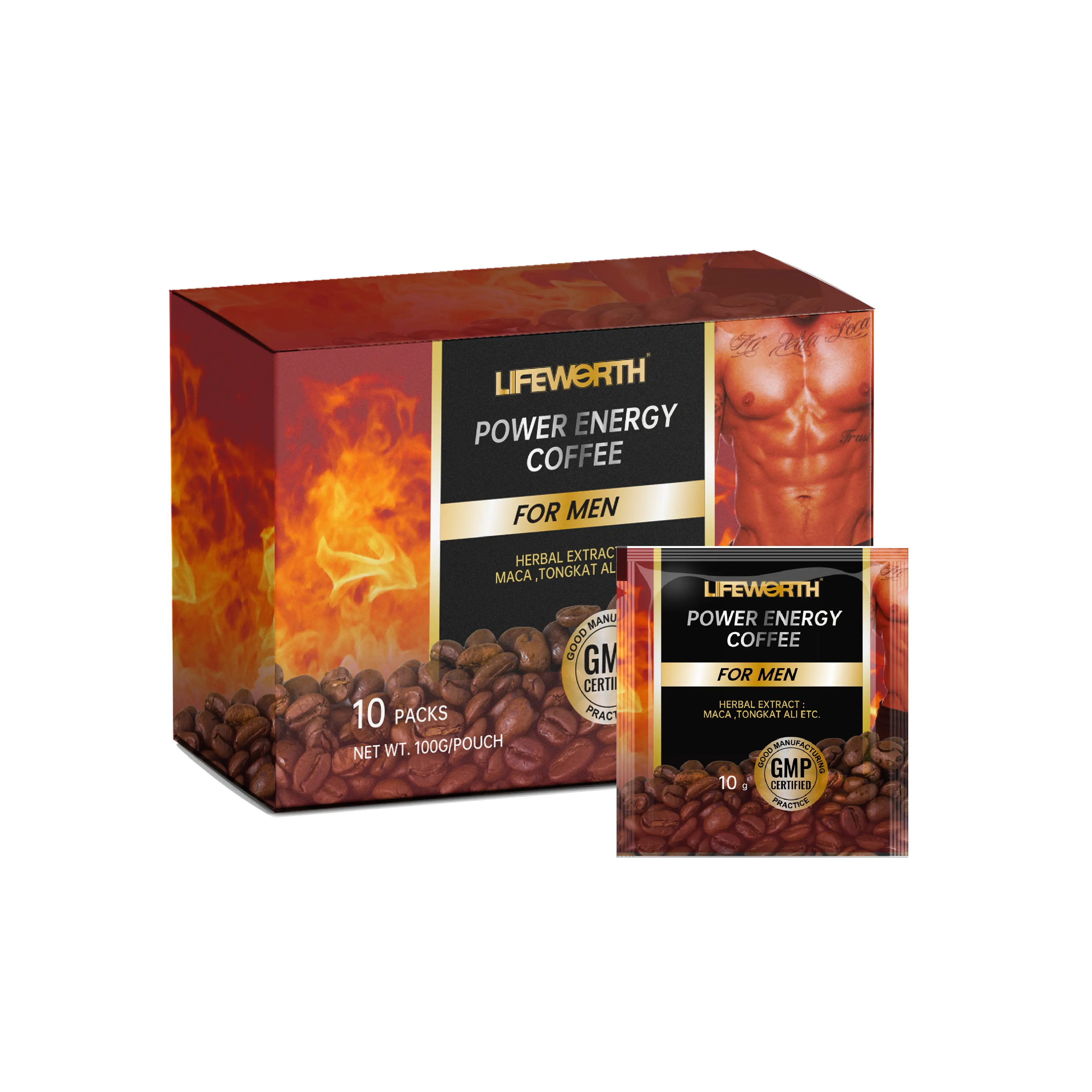 Lifeworth tongkat minuman kuat pria, ali energi herbal kopi vitalitas sehat hitam Maca reishi Cordyceps sinensis ginseng