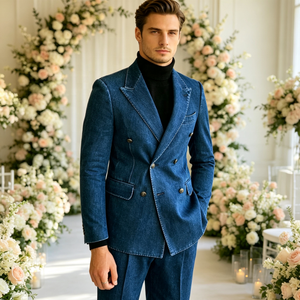 Costume <span class=keywords><strong>Homme</strong></span> en Jean <span class=keywords><strong>Bleu</strong></span> Personnalisable en Gros, Coupe Slim, 2 Pièces, Revers Pointus, Ensemble <span class=keywords><strong>Blazer</strong></span> Décontracté Sur Mesure pour Mariage - Product Image 1