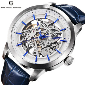 Berjani Mechanical <b>Watch</b> <b>Automatic</b> <b>Skeleton</b> Men's 30M Waterproof Stainless Steel Case Blue Leather Strap - Product Image 1