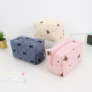 Large Capacity Custom <b>Cute</b> Bow Corduroy Cosmetic Bag Toiletry Storage Women Zipper Closure Makeup Bag - Product Image 4