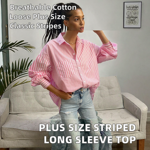 Camisa de Mujer a Rayas Rosas de Manga Larga con Botones, Corte Holgado, Manga Abullonada, Cuello Camisero, Informal, para Primavera/Verano - Product Image 2