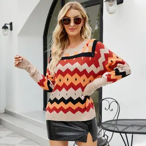 Fast Dispatch Winter Sweater Women Crew Neck Raglan Armhole Relax Fit Retro Pattern Loose Knitted Pullover Women Sweater