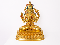 Statue d'Avalokiteshvara à quatre bras en laiton antique, sculpture bouddhiste plaquée or faite à la main, thème ange pour la décoration d'autel de maison ou de jardin