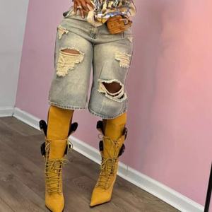 Nuevos shorts vaqueros de mujer de cintura alta, holgados, estilo retro, con agujeros, de pierna ancha y corte recto, a la moda. - Product Image 2