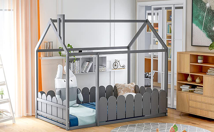 Twin Size Wood Canopy Bed with Fence for Boys Toddler Floor Bed Montessori House Bed