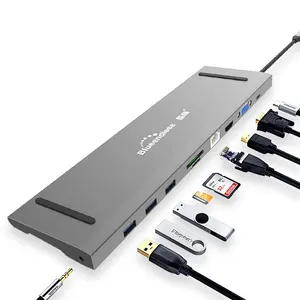 Station d'accueil USB C Adaptateur 10 dans 1 Triple VGA HD-MI 4K, DisplayPort, 3 USB, 100W PD SD TF Carte 3.5mm Audio