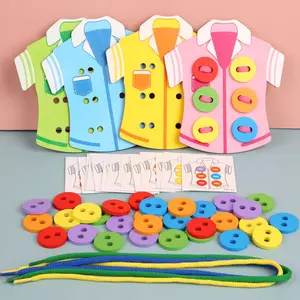 Kindergarten Early Educational 4pcs DIY Clothes Shape Thread Game Kids Life Skills Learning Wooden Sewing Buttons Toy