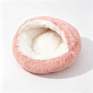 Soft Faux Fur Cat <b>Bed</b> Cave Round Pink White Indoor Pet <b>Nest</b> Removable Washable All Seasons Cute Style - Product Image 1