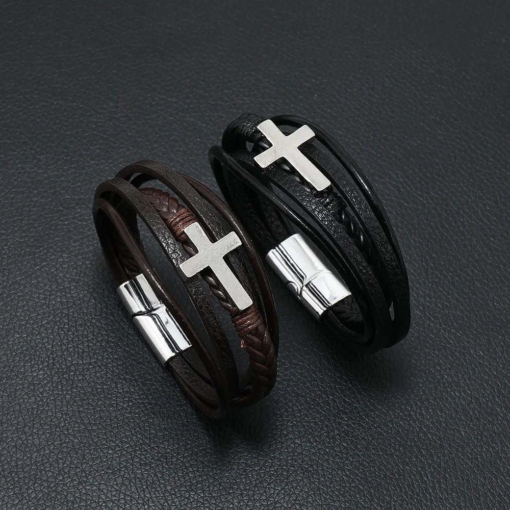 Handmade Braided Leather Cross Wrap Bracelet Male Inspirational Faith Wristband Meaningful Birthday Gift Leather Bracelet Man