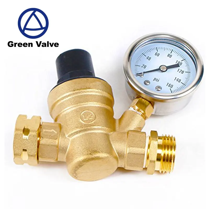 Válvula verde sem chumbo, redutor de pressão de água para rv com medidor e filtro parafuso de pressão de água de latão ajustável