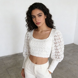 OUDINA Promo Spesial Atasan Wanita Model Prancis Kasual Bordir Kerah Bulat Lengan Panjang Crop Top - Product Image 1
