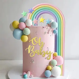 Conjunto de decoração de bolo de aniversário de arco-íris tridimensional grande em argila de polímero plug-in pequeno balão