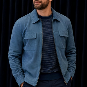 Men's Blue <b>Suede</b> Shirt <b>Jacket</b> With Pockets Turn-down Collar Zipper Closure Workwear Style Autumn Wear Wholesale OEM service - Product Image 3