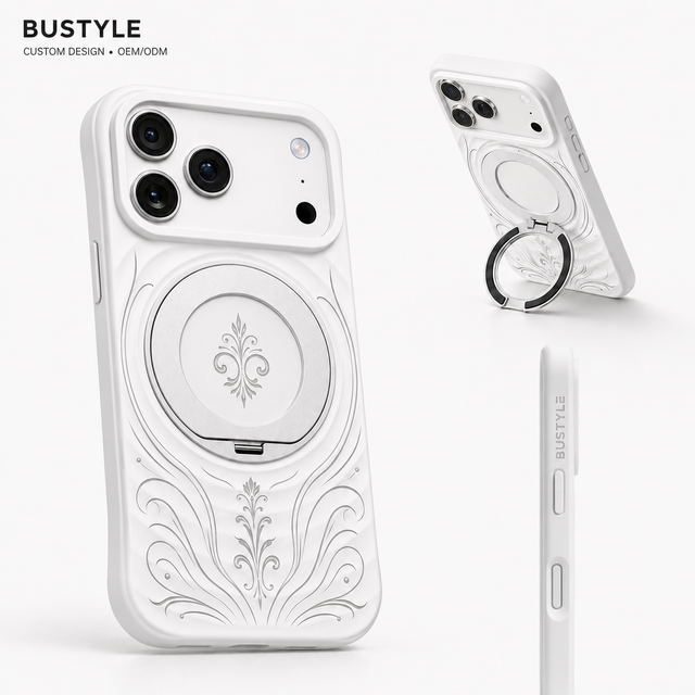 Custom Liquid Silicone Phone Case for iPhone 18 17 Pro Max 16 with 360° Metal Ring Stand Unique Engraved Design OEM ODM Factory
