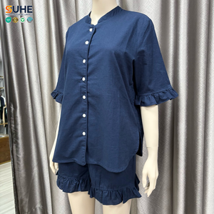 ชุดนอนผ้าลินินผู้หญิง SUHE พร้อมส่ง รับผลิตแบรนด์ส่วนตัว เสื้อแขนสั้นติดกระดุม กางเกงขาสั้นระบาย ชุดนอนฤดูร้อน รับผลิตแบบ OEM ODM - Product Image 4