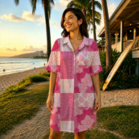 Gaun Kemeja Wanita Rayon Motif Bunga dan Kerang Hawaii, Kancing Depan, Longgar, Cetak Kustom, Grosir, Kasual