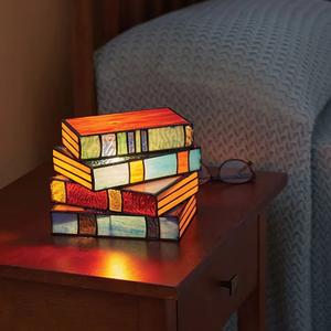 Stained Glass Stacked Books Lamp Handcrafted Glass Nightstand Desk Lamp Resin Stacked Books <b>Light</b> Desk Reading <b>Light</b> - Product Image 6