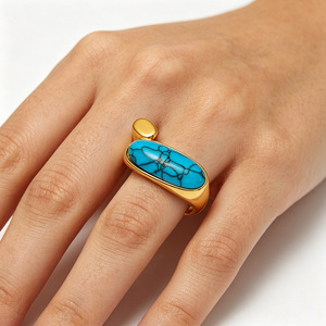 Anillos de Acero Inoxidable 316L con Piedra Turquesa al por Mayor, Anillo Ajustable de Acero de Titanio con Baño de Oro PVD de 18K para Mujer - Product Image 6