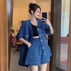 Women's Blue Two Piece Set Three Quarter Sleeve Oxford Fabric Casual <b>Suit</b> With <b>Buttons</b> Plus Size Summer Fashion - Product Image 1