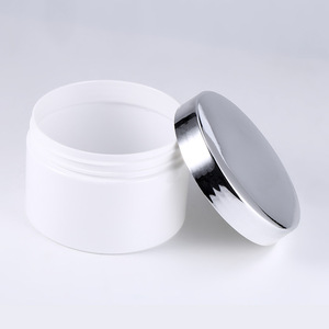 White <b>Plastic</b> Cosmetic Jars With Silver Electroplated Screw Tops 200ml 300ml 350ml 400ml 450ml 500ml Cylinder Shape <b>Packaging</b> - Product Image 3