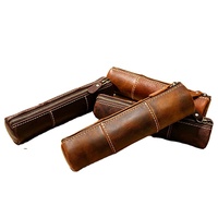 Étui à crayons en cuir véritable artisanal vintage en cuir de vache avec fermeture à glissière longue pour l'école et le bureau