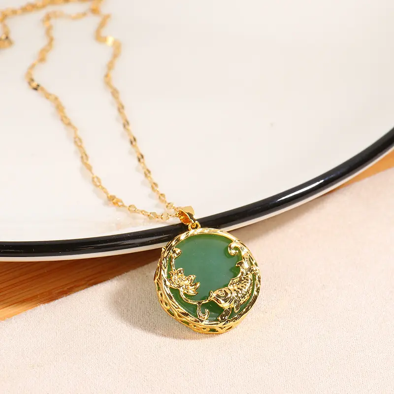 Retro 18K Gold Stainless Steel Necklace Good Luck Petrel Jade Agate Pendant Jewelry Gift