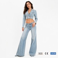 Veste courte en denim délavé 11oz à revers crantés et double boutonnage, et jean évasé à jambe large pour femme, tailles OEM XS-5XL