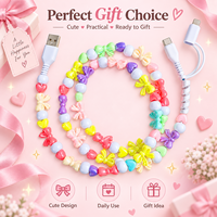 Câble de charge USB Type C 3 en 1 avec perles en forme de cœur et nœud pastel, couleur bonbon, cadeau mignon Y2K