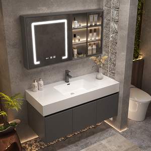 Seamless Integrated Ceramic Slab Bathroom <b>Vanity</b> Grey Rectangular Minimalist Style Illuminated <b>Led</b> Mirror - Product Image 2