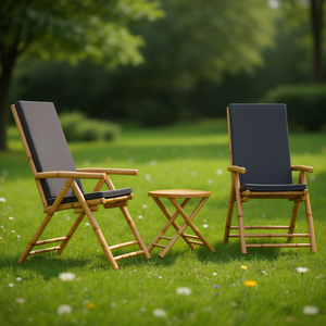 Ensemble de jardin en bambou, 2 chaises avec table, mobilier d'extérieur pliable, coussin gris foncé, cadre brun naturel, design rustique - Product Image 2