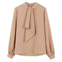 Blus Wanita Lengan Puff Kerah Mandarin Elegan, Bahan Bernapas, Model Longgar, Cocok untuk Kerja dan Santai, Laris Manis