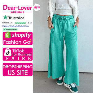 Pantalons amples à <span class=keywords><strong>taille</strong></span> <span class=keywords><strong>élastique</strong></span> et ourlet brut, lavage minéral vert mer, vente en gros Dear-Lover pour femmes - Product Image 1