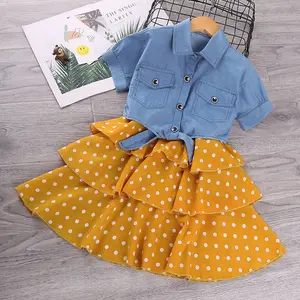 Jaket Denim anak perempuan, musim panas bayi perempuan jaket Denim Polka Dot setelan gaun berlapis, pakaian anak-anak kasual musim panas 3-9 tahun