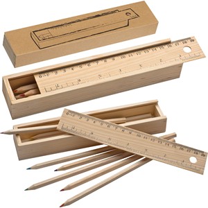 Ensemble de crayons promotionnels personnalisés avec logo, crayons en bois, règle, taille-crayon dans une boîte en pin pour le bureau, la rentrée scolaire - Product Image 1