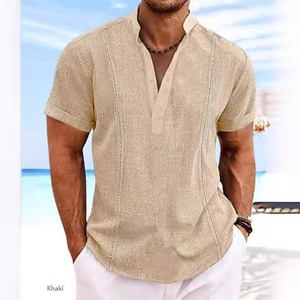 Camisa Casual de Algodón y Lino para Hombre, Estilo <span class=keywords><strong>Guayabera</strong></span> Cubana a Rayas con Cuello Mao, Manga Corta, Sin Planchado, Venta Caliente 2026 para Comercio Exterior - Product Image 2