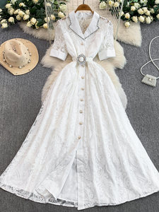 Abito Elegante in <span class=keywords><strong>Pizzo</strong></span> Stile Francese con Colletto, Vestito Basico da Donna Primavera Autunno con Fibbia <span class=keywords><strong>di</strong></span> Perle in Vita, Gonna Lunga Elegante - Product Image 1