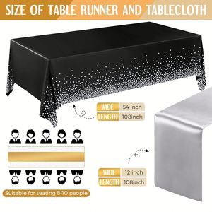 Black and Silver Dot Tablecloth Silver Satin Table <b>Runner</b> Disposable Plastic Tablecloths and Satin Table <b>Runner</b> Set for Wedding - Product Image 2