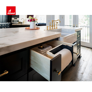 Armoire de cuisine élégante à porte perlée bleu foncé avec garde-manger à vin et tablier de ferme évier cannelé pour la construction de maisons - Product Image 4