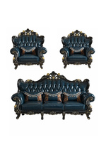 Sofá Combinado de Cuero Estilo Europeo, Sofá de Madera Maciza de Ébano, Sofá de Lujo Retro para Villa, Sofá de Alta Gama para Sala de Estar, Juego de Muebles