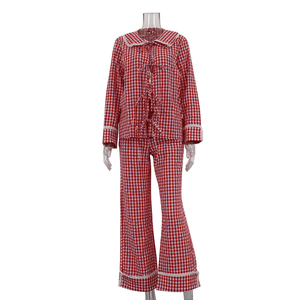 Chemise et <span class=keywords><strong>pantalon</strong></span> à <span class=keywords><strong>carreaux</strong></span> rouges avec col claudine à lacets Vêtements de détente décontractés pour femmes Ensemble deux pièces pour femmes pyjamas - Product Image 3