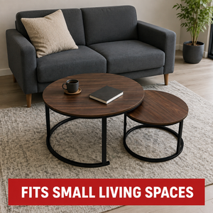 Juego de mesas de centro encajables de 2 piezas, redondas, con tablero de MDF y estructura de metal negro, muebles ahorradores de espacio para sala de estar - Product Image 3