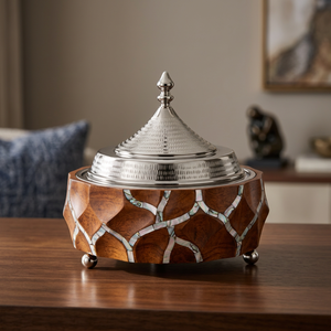 Casserole en bois moderne de luxe avec couvercle en acier inoxydable et incrustation en nacre, écologique - Product Image 3
