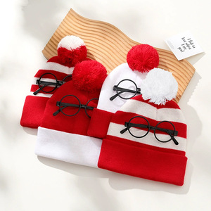 In Stock Red White Christmas Knit Hat with Glasses <strong>Pom</strong> <strong>Pom</strong> Bulk Wholesale Yarn Santa <strong>Beanie</strong> for Xmas Halloween Party - Product Image 2