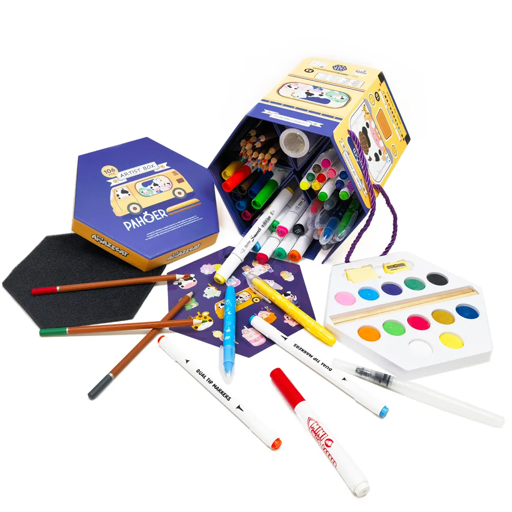 Suministros de arte, 106 Uds., Kit de dibujo, regalo, crayones, pasteles al óleo, rotuladores lavables, juego de bolígrafos de pintura, juego de Arte de colores para la escuela de niños