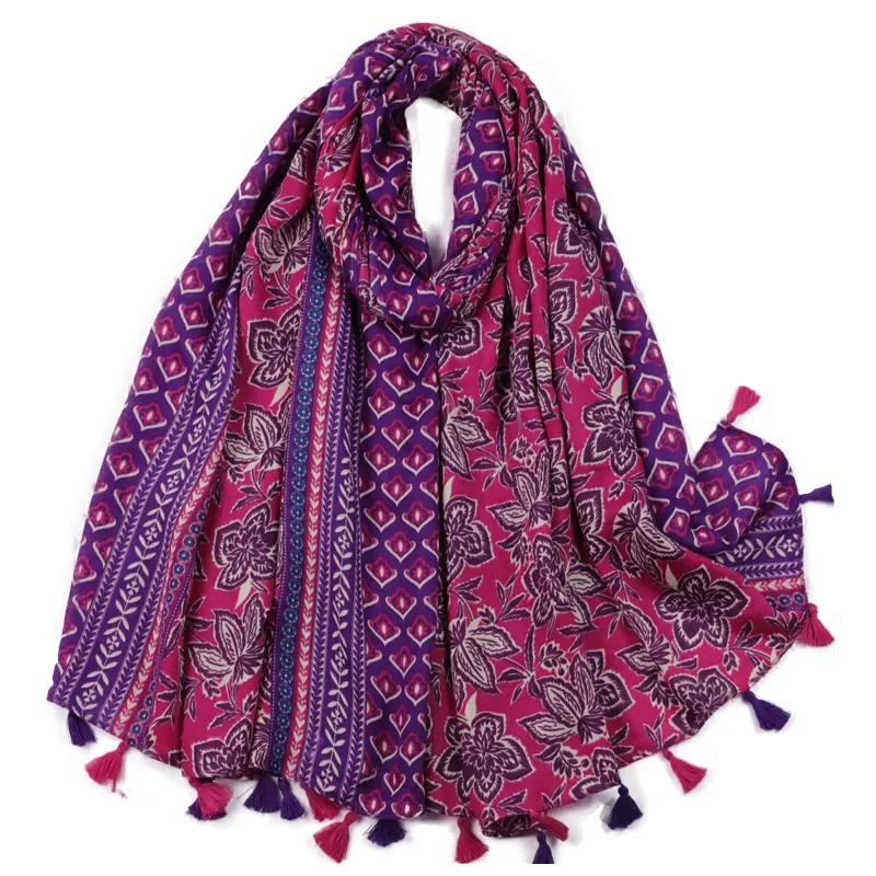 Lenço de viscose estampado com estampa de algodão para mulheres, lenço com estampa floral, xale étnico com borlas, novo estilo