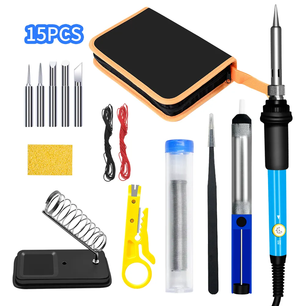 Home use 15pcs adjustable temperature 60W electronic soldering iron tools kit for soldering welding repairing